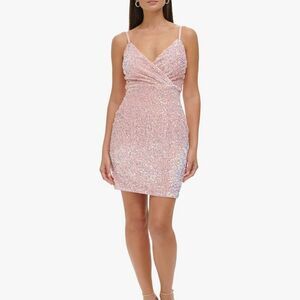 Guess Pink Multicolor Sequin Surplice Wrap Mini Party Dress NWT Size 16